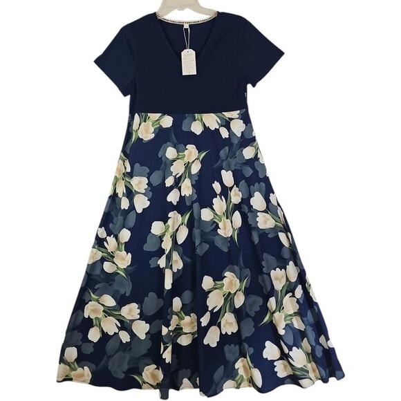 Exclusive brand ~Woman Size S~ Navy Blue Floral Print Maxi Dress Unlined NWT. - Picture 1 of 11